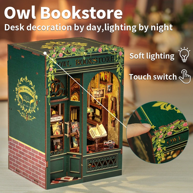 DIY Wooden Book Nook Miniature Kit with LED Lighting – Owl Bookstore Model 2