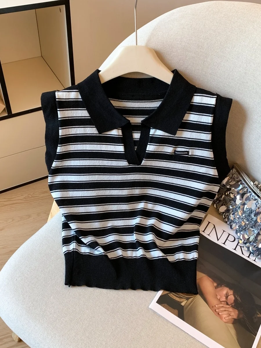 High-End  Ne Stripe Color Blo Women's Knitted Vest Summer Svel Faion Commute Sle Thin Polyester Fiber