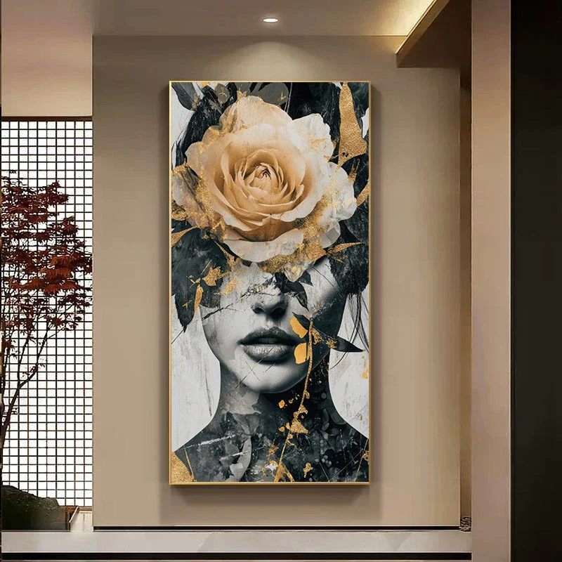 Modern Abstract Floral Gold Foil Woman, Fashion Feminine And Floral Design, Suitable For Living Room,Hallway Decor,No Frame