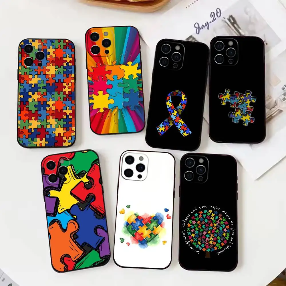 حافظة هاتف Puzzle Art Support Autism لهاتف iPhone 17,16,15,14,13,12,11 Plus، Pro Max، XS، غطاء أسود من السيليكون الناعم