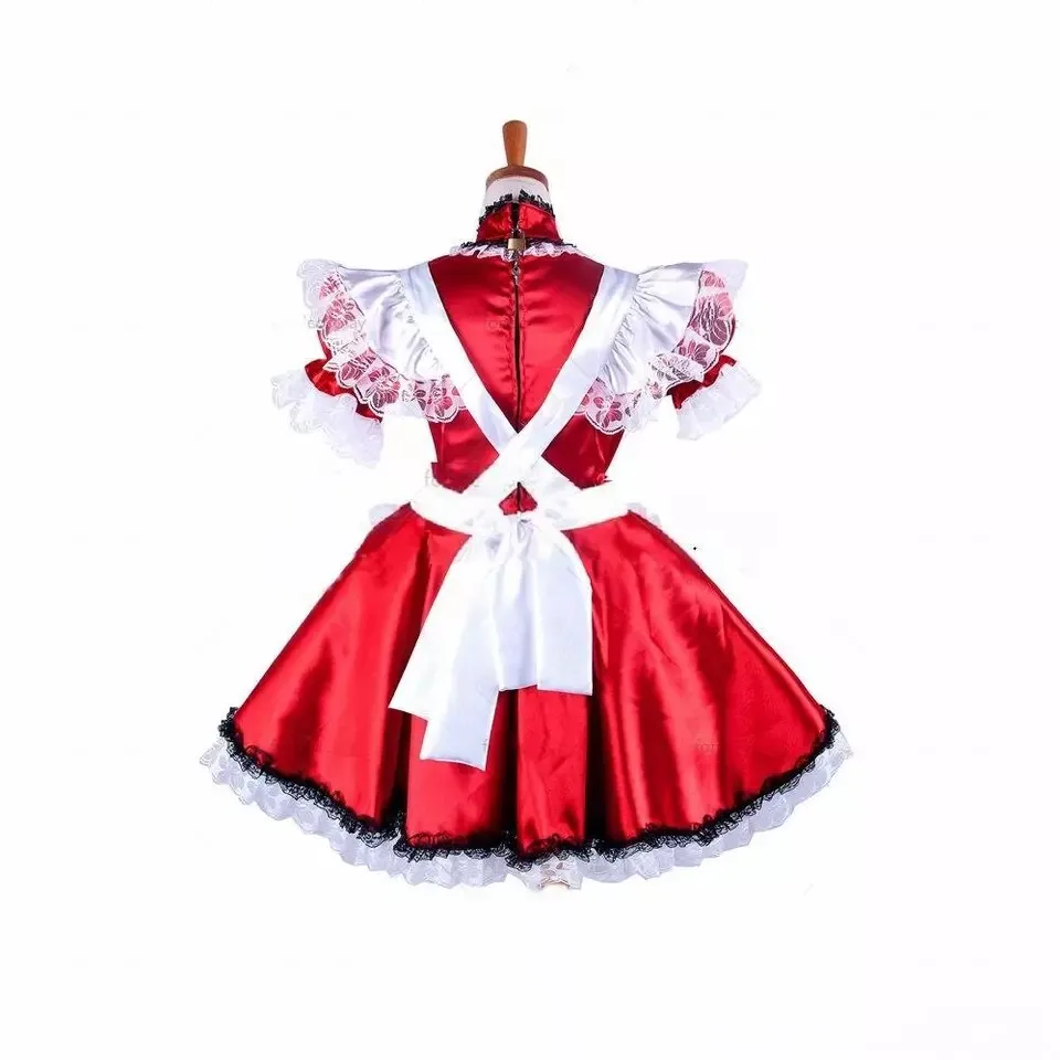 Sissy Girl red satin lockable dress French maid cosplay costume Tailor-made