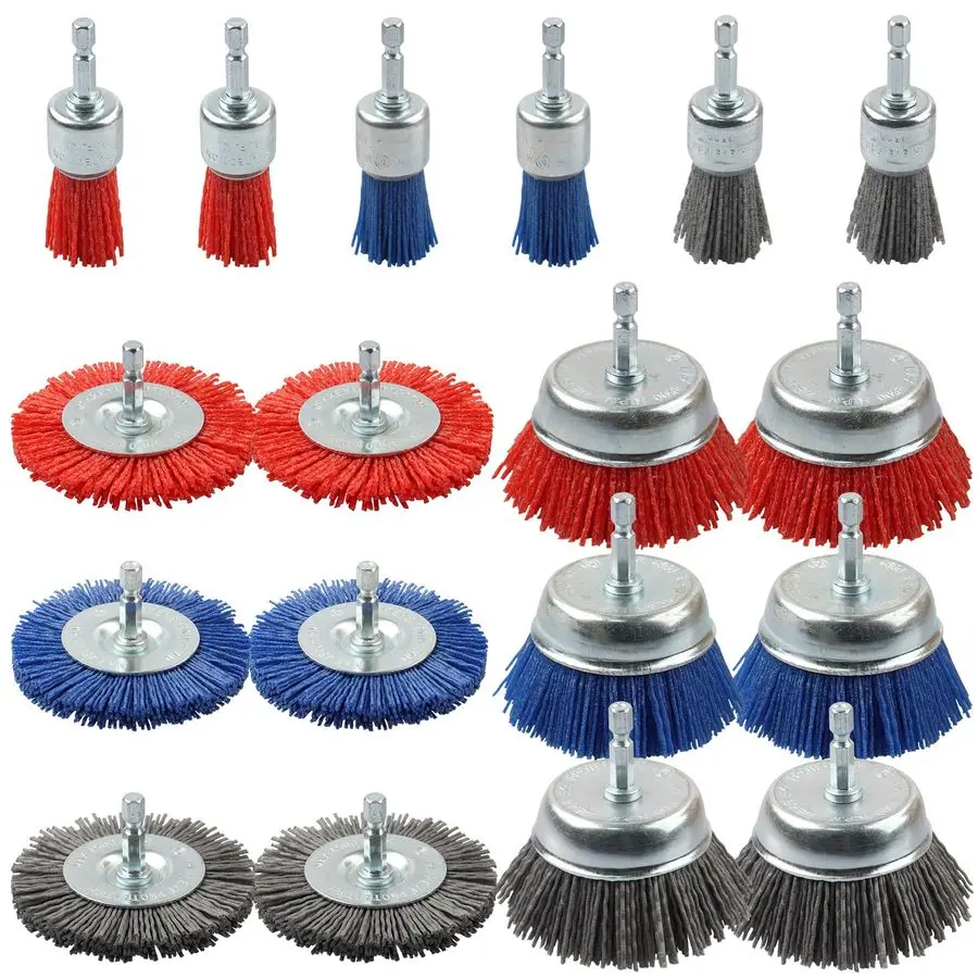 

18 Pack Nylon Filament Abrasive Wire Brush Wheel amp Cup Brush Set with 1 4 Inch Hex Shank, for Removal of Rust Corrosion Paint