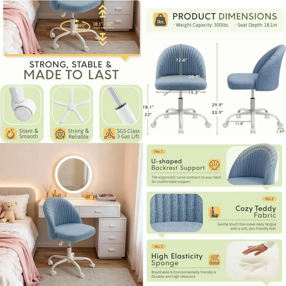 

Modern Dark Blue Teddy Velvet Armless Swivel Desk Chair with Wheels for Home Office