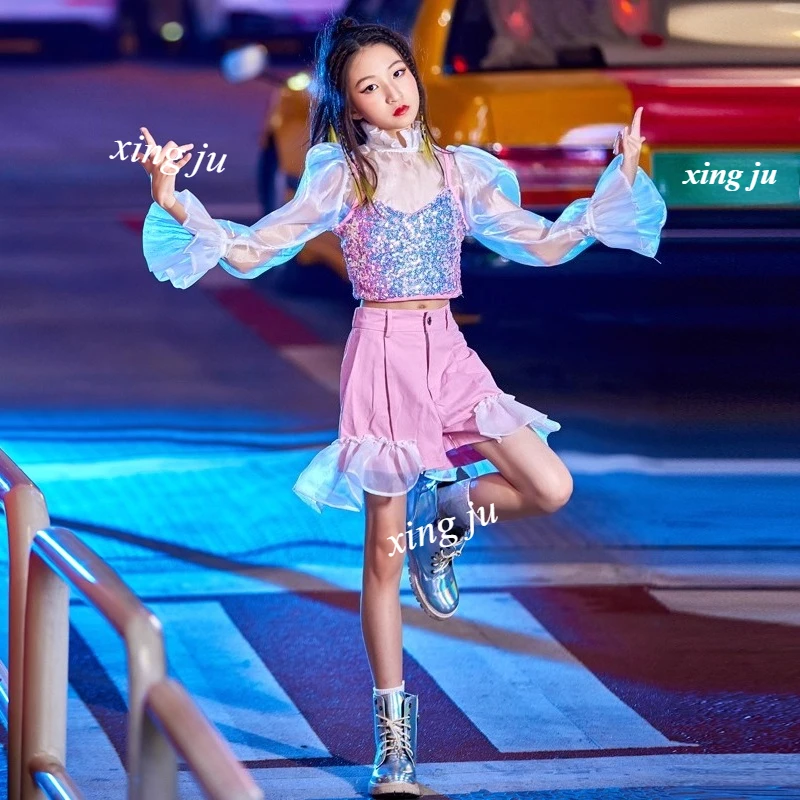 Gilet à paillettes pour enfants, haut transparent, Costume de danse Jazz, jupe Patchwork Hip Hop, vêtements de spectacle sur scène pour enfants