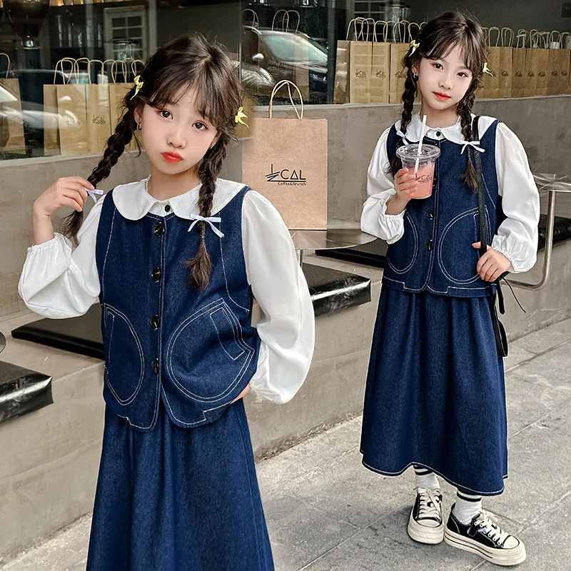 

Korean Spring Autumn School Girl 3PCS Clothes Set Teenager Girl Peter Pan Collar Shirt+Vest Coats+Skirt Children Girl Denim Suit