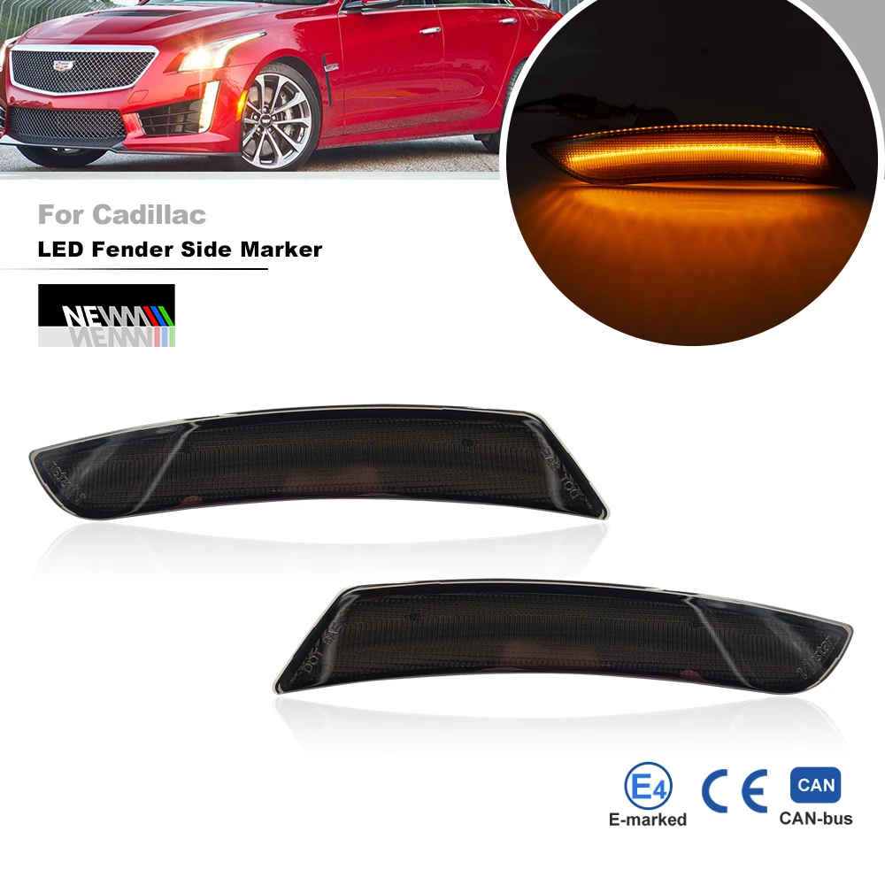 2x Amber LED Side Marker Lights For Cadillac ATS CTS 15-19 Camaro 16-Up Smoked Front Bumper Fender Signal Lamps OEM Replacement