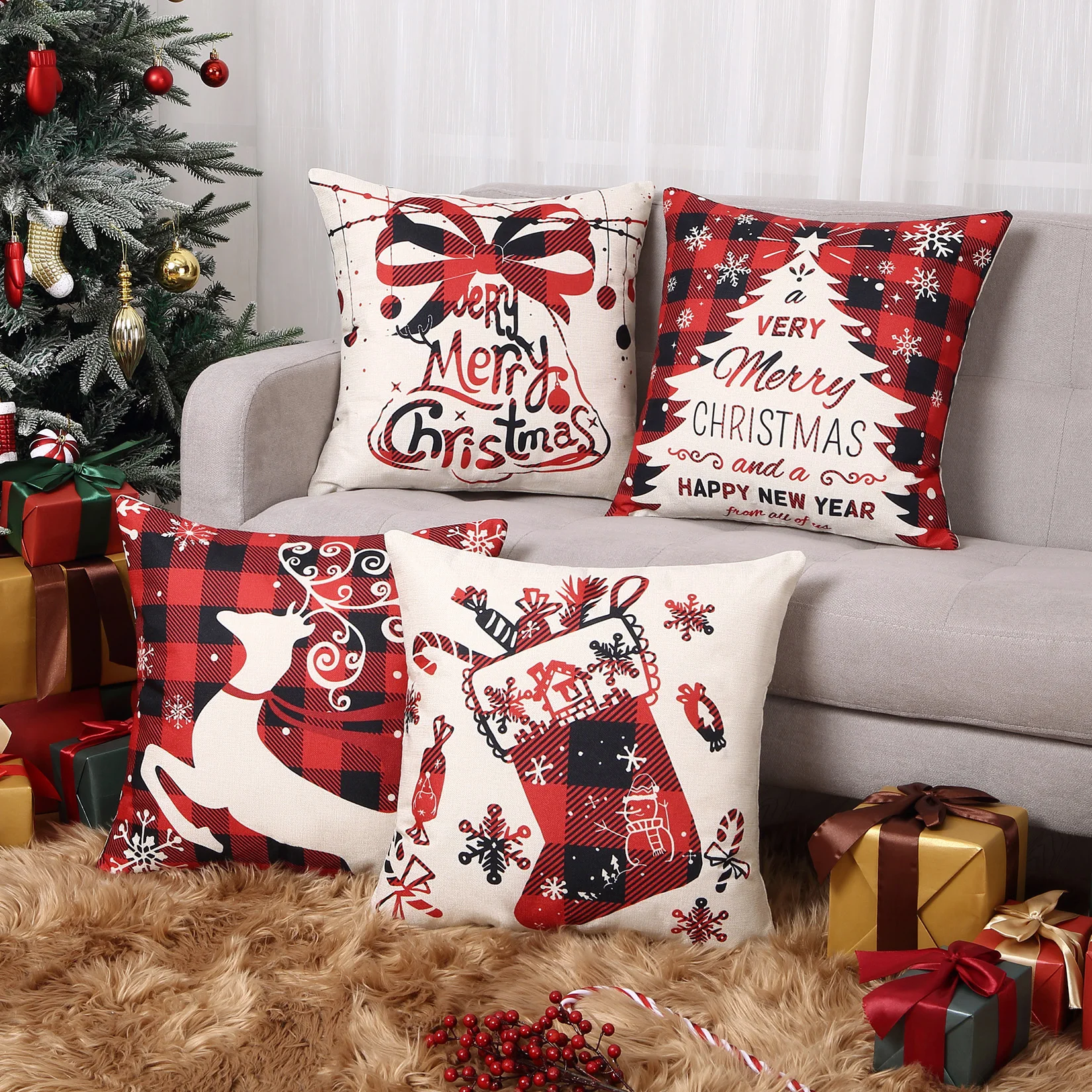 4pcs 18x18 Inch Christmas Pillow Cover Set, Buffalo Plaid Christmas Tree Deer Sock Bell Throw Winter Cushion Case for Sofa Couch