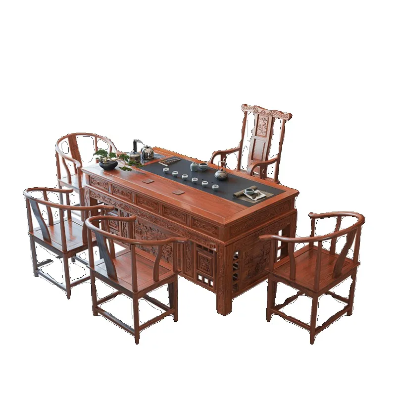 

Solid wood tea table and chair combination one table and five chairs new Chinese office home set elm kung