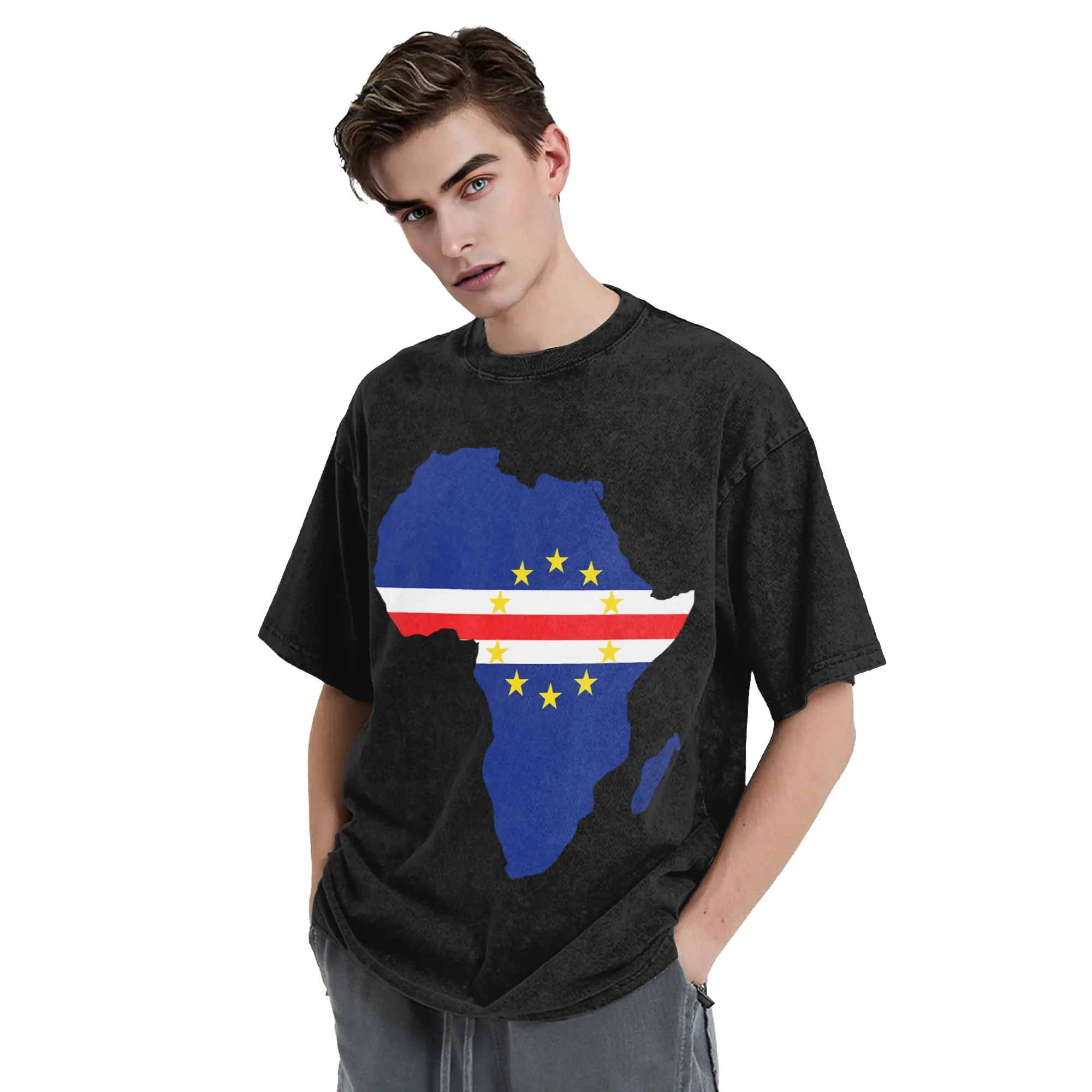 Cape Verde Flag Cabo Verde Map Washed T Shirt Streetwear  Vintage T-Shirts  Tees Tops Men Women Short Sleeve Oversize Summer
