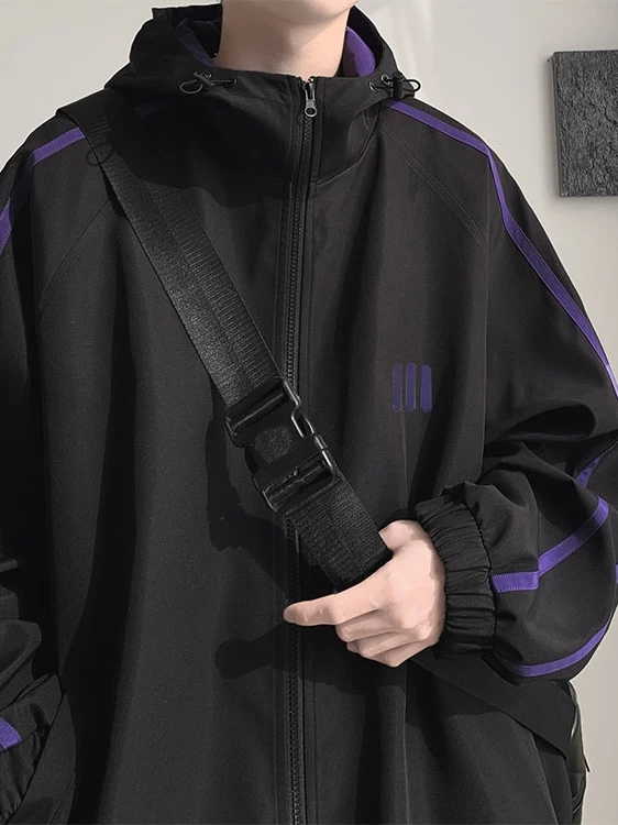 

Мужское пальто-туэт в полоску American Sle, цветная блузка, весна-осень-зима, новая мода, свободная повседневная длинная куртка с капюшоном на молнии