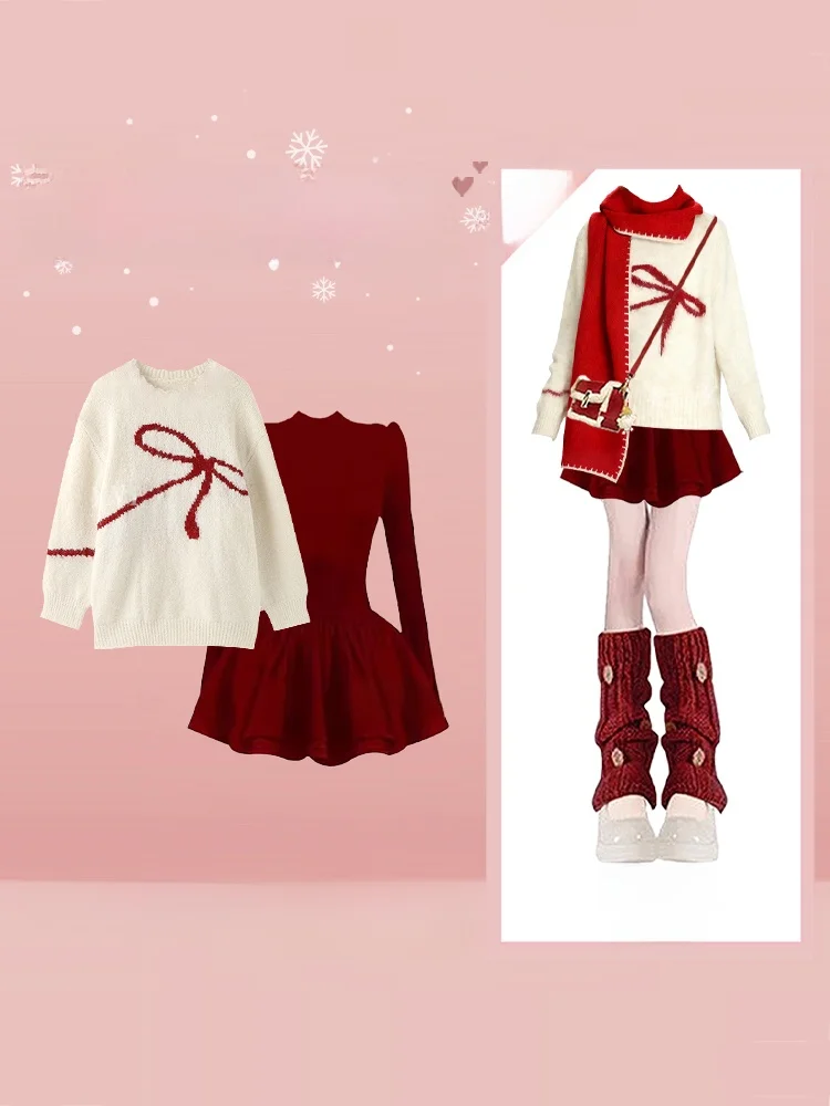 

Ele Winter Outfit Women's Knitted Top with Bow Design And Puffy Skirt Two-Piece Set French Sle Long Sve Autumn Winter