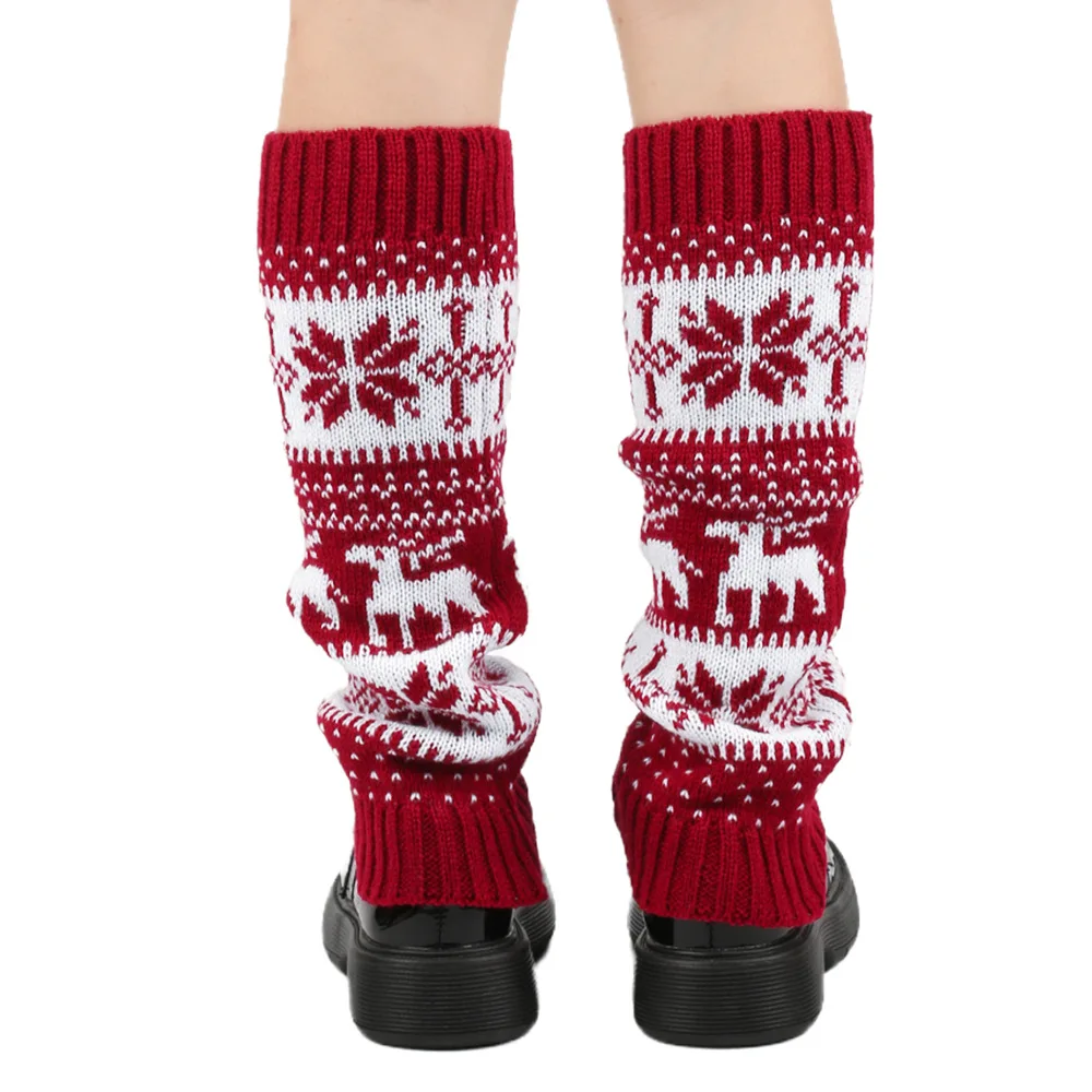 2 Pairs of Christmas Snowflake Elk Print Knitted Leg Warmers Winter Warm Soft Christmas New Year Boot Calf Covers Foot Warmers