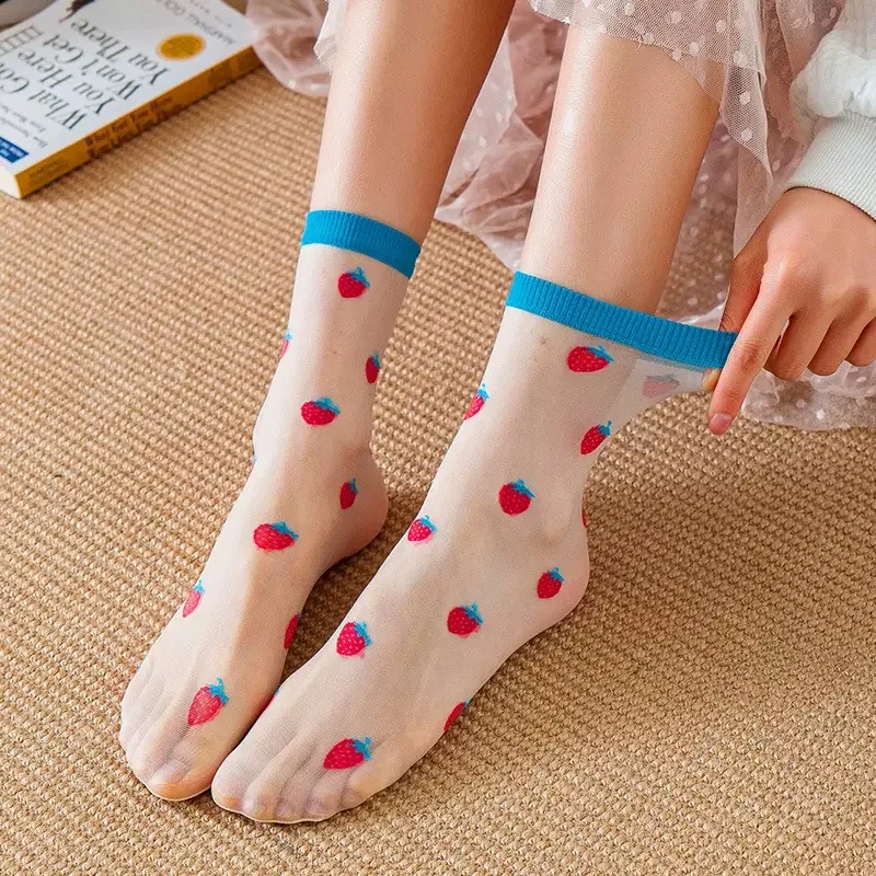 

Женские летние красочные ультратонкие прозрачные носки Kawaii для девочек, дышащие корейские милые носки с фруктами и животными, мультяшные носки с вышивкой