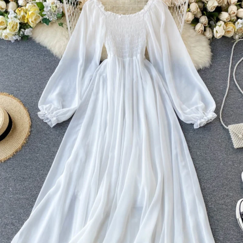 

New Spring Autumn Women Elegant Holiday Dresses Puff Sleeve Slash Neck Off Shoulder Smocked White Chiffon Dresses