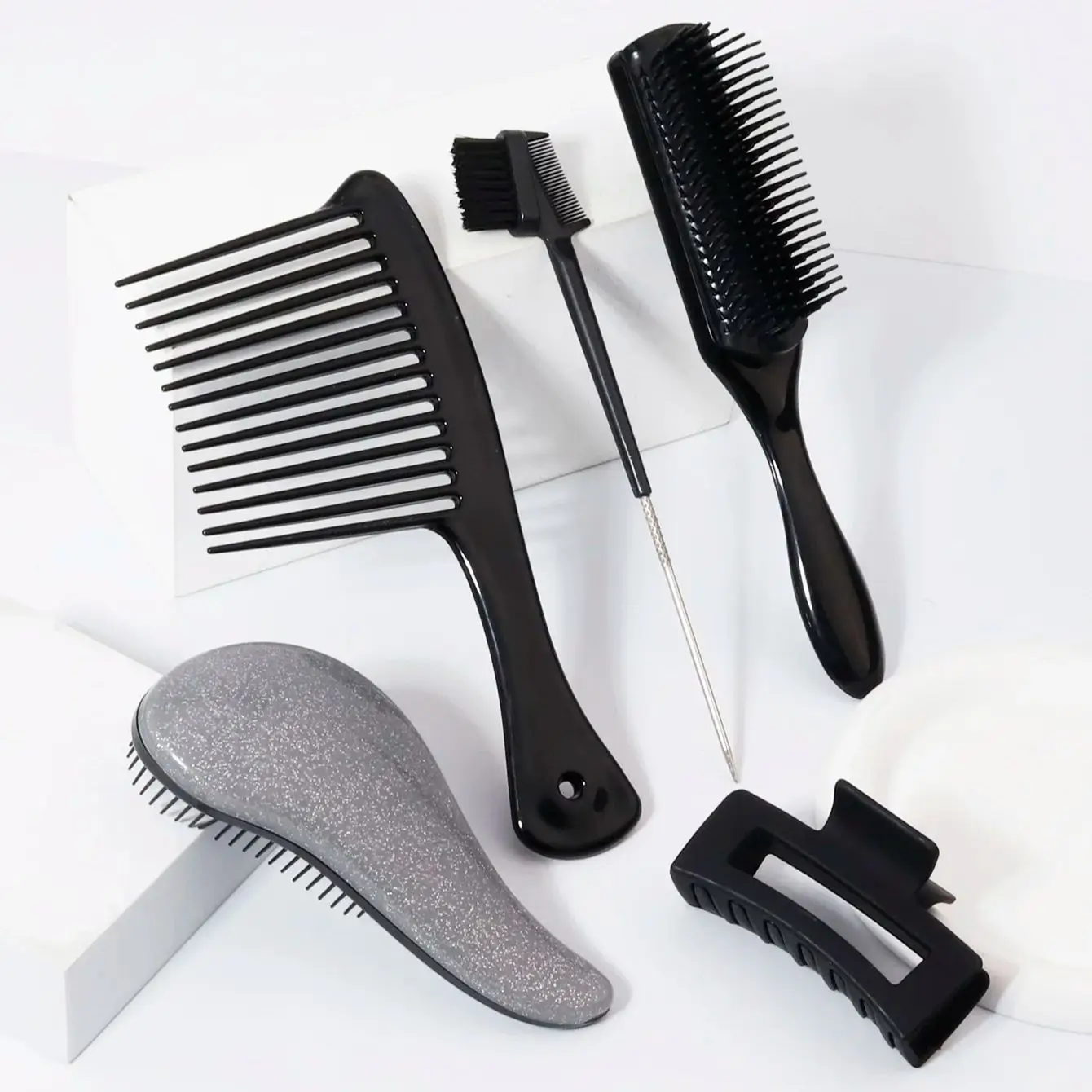 

5pcs Hair Brush Set - Curly Hair Brush, Edge Brush, Cushion Comb, Wide-Tooth Comb & Clip , Special for real hair wigs