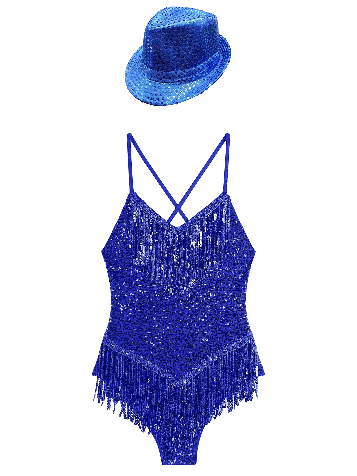 Women Salsa Cha-cha Tango Jumpsuit Sequins Ballroom Performance Fringed Bodysuit with HatLatin Dance Costume Tassels Leotard