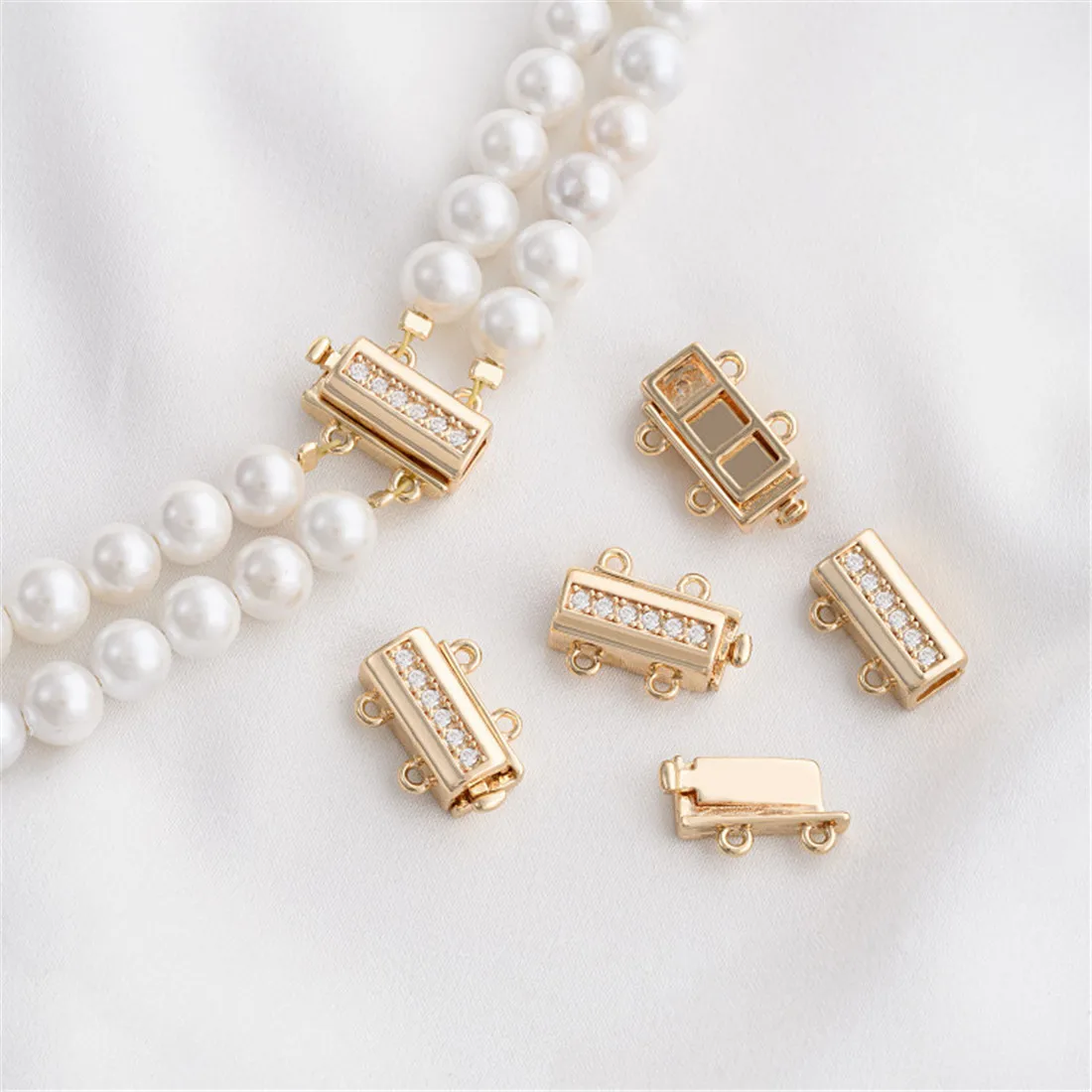 14K Gold Inlaid Zircon Double Row Buckle Pearl Buckle DIY Double Strand Necklace Sweater Chain Connecting Buckle Accessories C01