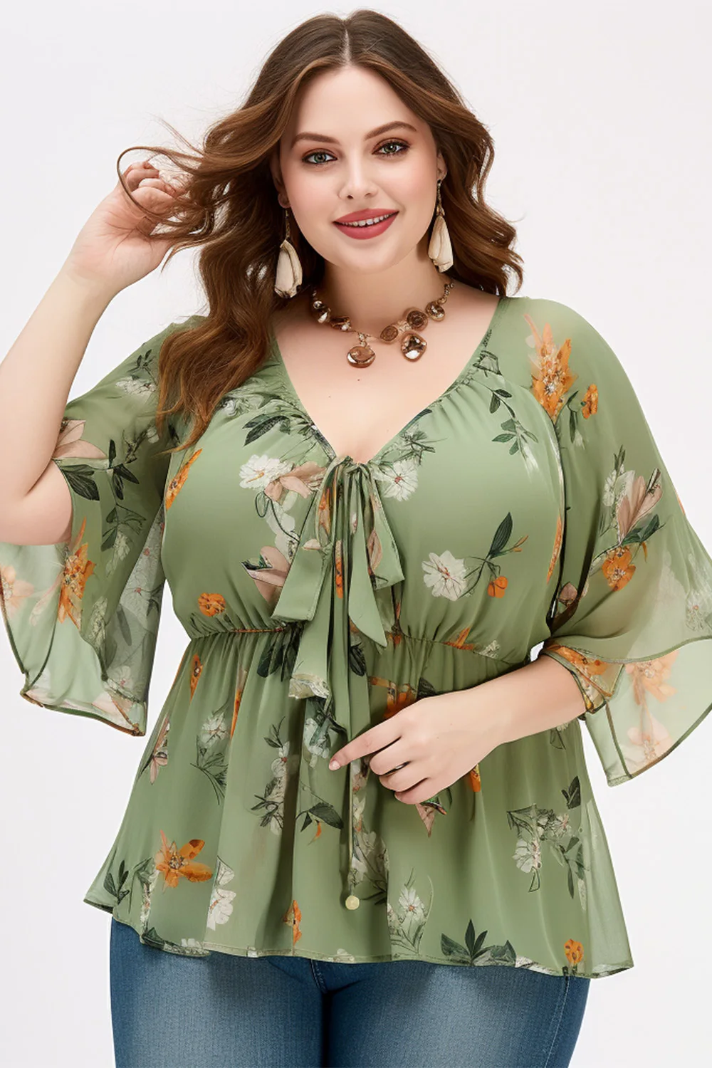 Plus Size Women Chiffon Top Sage Green Chiffon Floral Print Casual Shirt