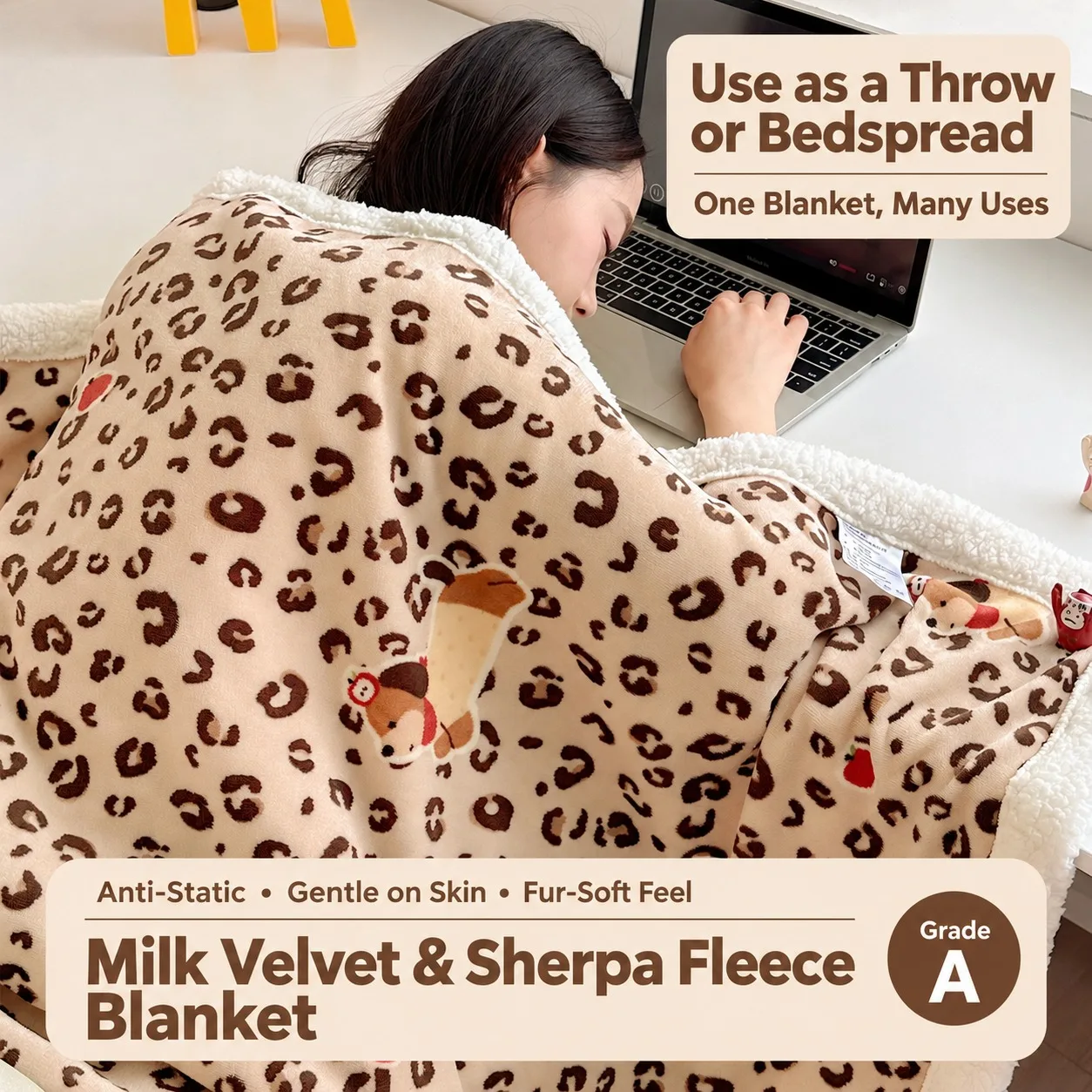 Leopard Print Sherpa Fleece Blanket Thick Warm Double Layer Plush Throw Blanket for Sofa Bed Autumn Winter Bedspread with Zipper