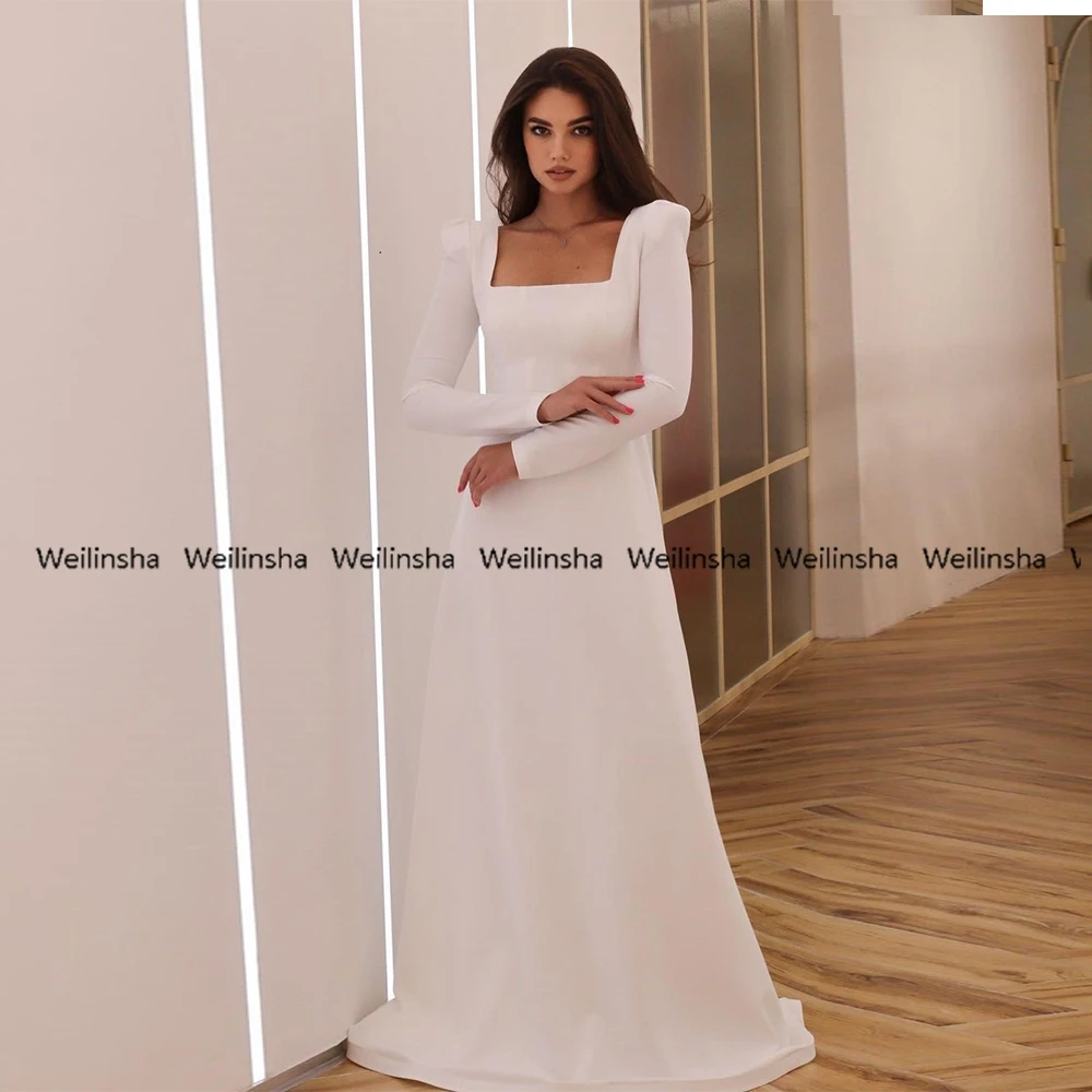 

Customized Square Neck Ivory Stretch Satin Full Sleeve Sheath Bridal Gowns Summer Zipper Back Wedding Dresses Robe
