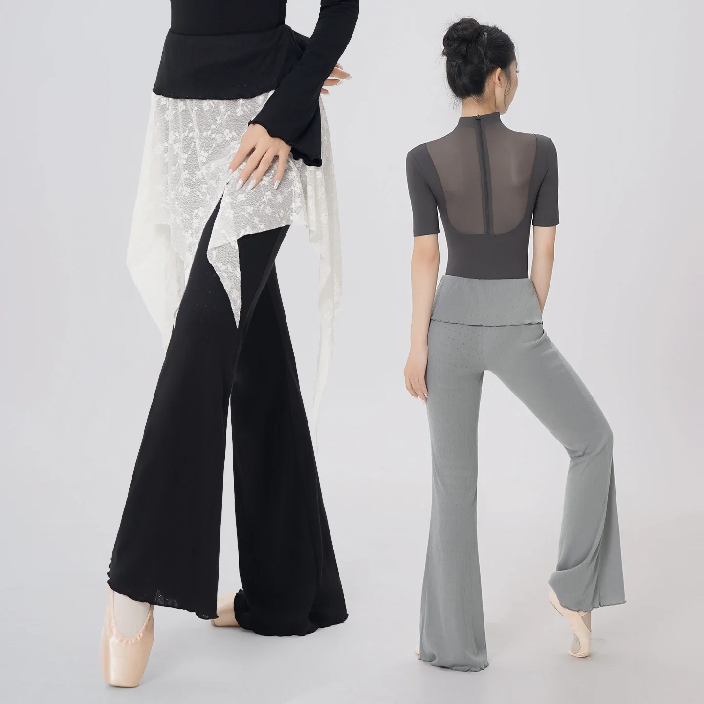 

Женские трикотажные жаккардовые расклешенные брюки с высокой талией, брюки для йоги и фитнеса с рюшами для девочек-подростков, брюки для балета и танцев