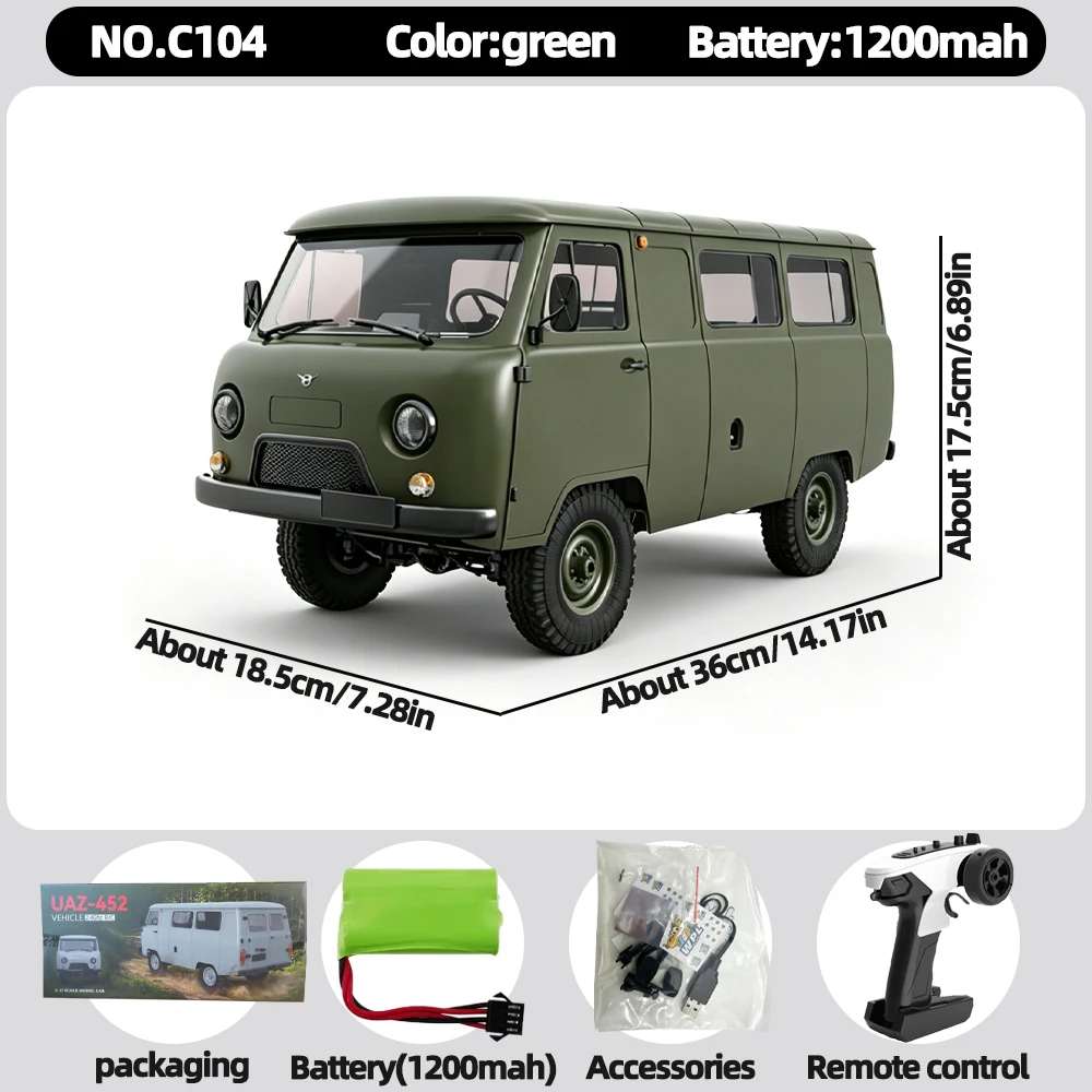 WPL C104 1:12 4WD Off-Road Bestelwagen RC Auto Vierwielaandrijving UAZ-452 Gesimuleerd RC Model Voertuig Elektrische Speelgoedauto voor Jongens en Volwassenen