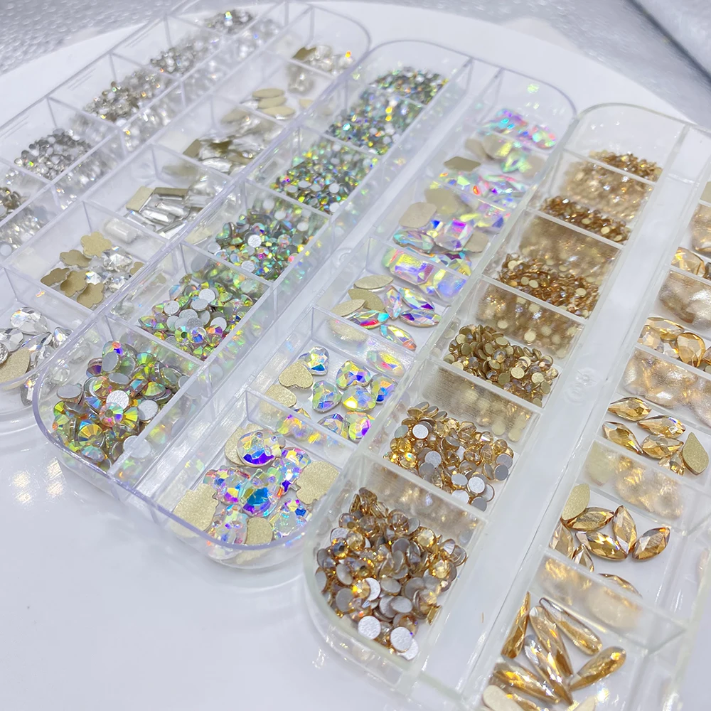 12Gird Box Multi Größe Farbe Flatback Glas Strass Nail art Zubehör Dekorative Kristall Diamant DIY Handwerk Steine – Detail 5