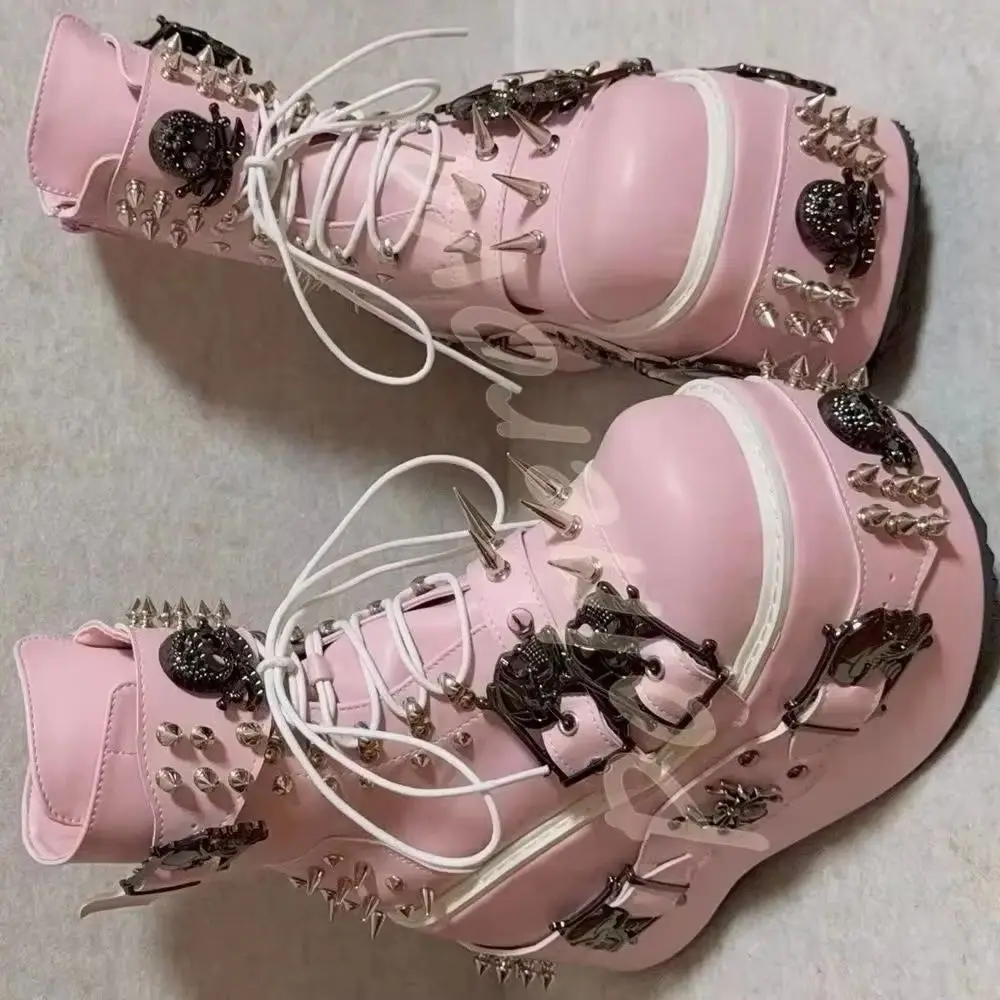 Pink Gothic Skull Spike Platform Boots Lace Up Side Zip Punk Rivet Wedge Ankle Boots Sweet Cool Party Winter Lovely Women Shoes