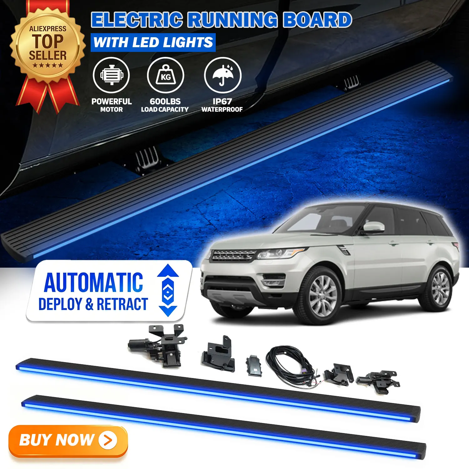 Fits LR Range Rover L405 2013-2016 Deployable Power Electric Running Boards with LED Light Strips Side Step Nerf Bars