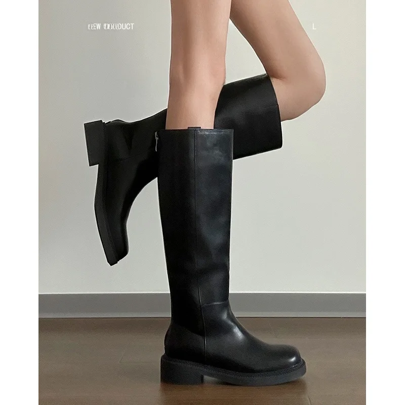 

Retro Leather Long Boots Women's Knee-high Bla Knight Boots Ba Zipper Thi Heel Wide Tube Real Leather Long Boots