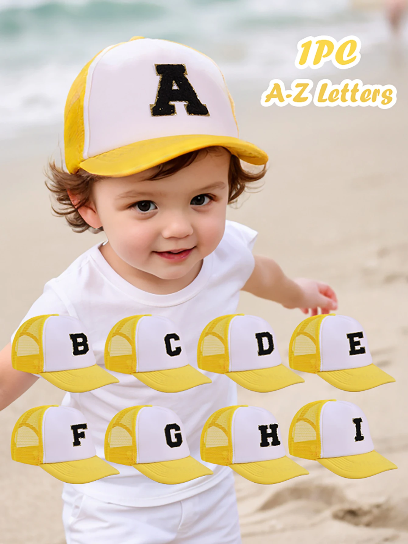 

1pc yellow Hat With 26-Letter Pattern, Kids Cap For Boys And Girls, Baseball Cap, Sun Visor Hat, Suitable For Outdoor Activities