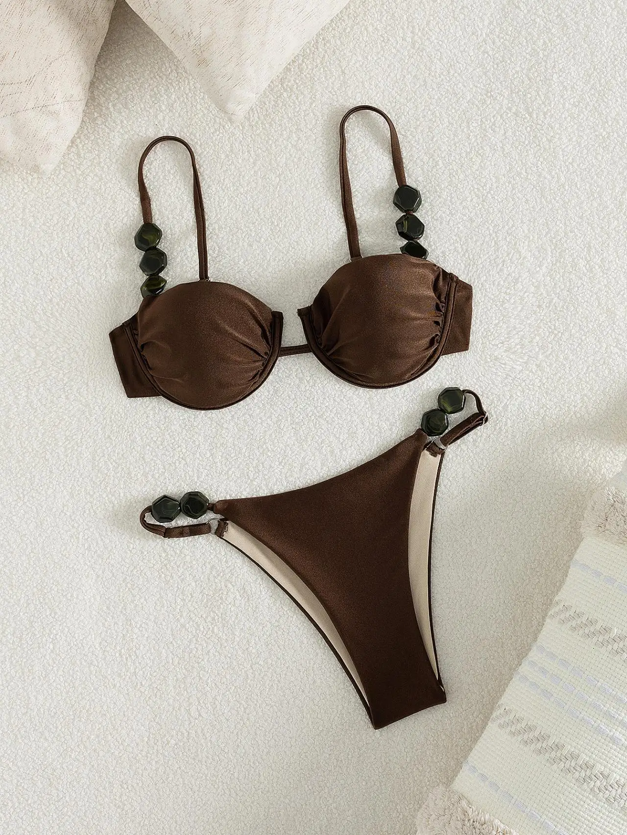 Sexy Coffee Bikini Set 2026 Women Pearls Strap Push Up Underwire Bra Thong Swimsuit Summer Bathing Suit Holiday 2 Piece Swimwear