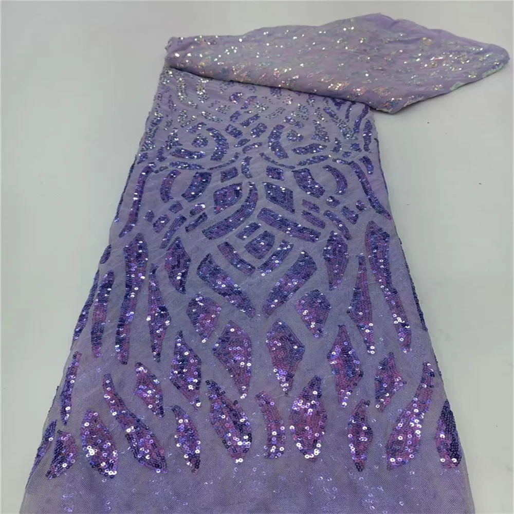 Tissu de dentelle de tulle africain, appliques brodées de fleurs 3D, tissu à paillettes, matériel de couture de fête, violet, français, 5 mètres, 2025