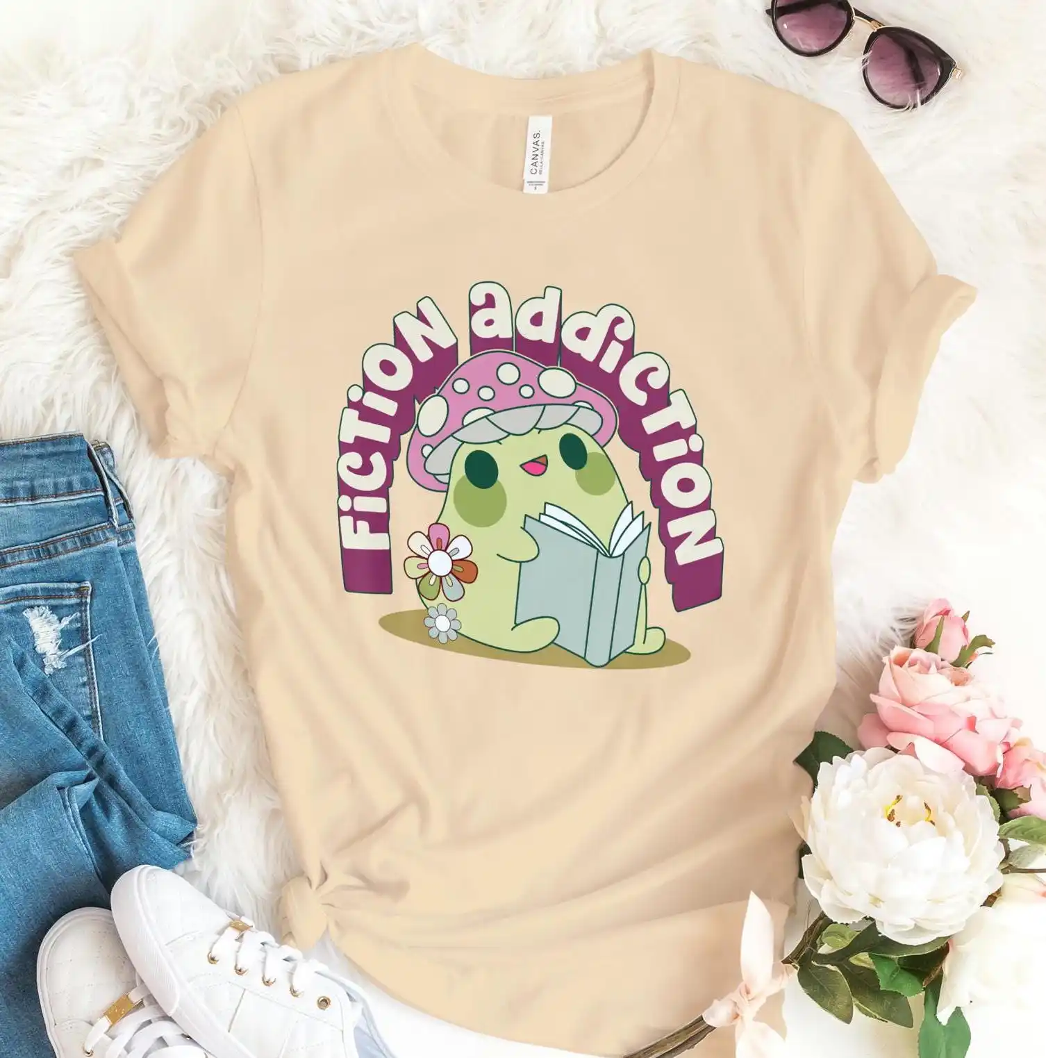 Fiction Addiction T Shirt Book Lover Cute Mushroom Reading Worm Teacher