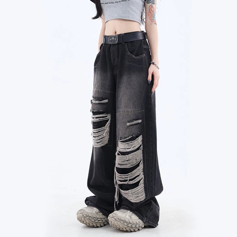 Y2k Vintage Black Hole Frauen Jeans bf Sommer blau High Taille Hip Hop lose weites Bein Hosen koreanische solide gerade Jeans hose neu