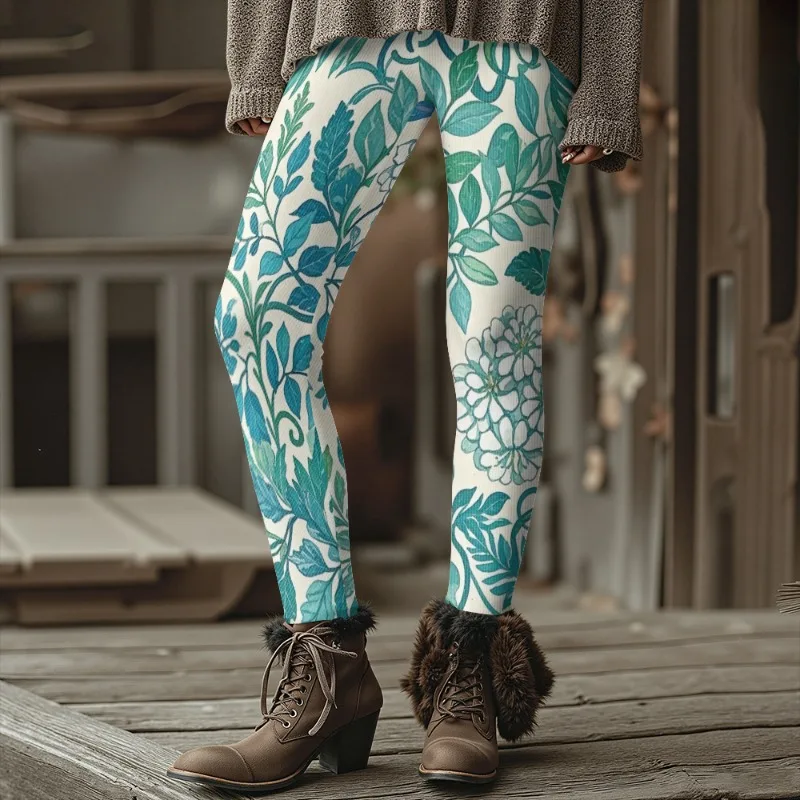 Beste blaue und rosa Strumpfhose mit böhmischem Blumenmuster, weiche, dehnbare Lounge-Leggings mit Blumenmuster, warme Streetwear für Damen in Übergröße – Detail 17