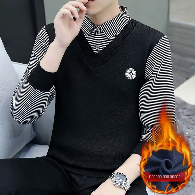 

Men's Autumn Winter Knitted Faion Fce Lined Versatile Outerwear Simple Long Sve irt Inner Wear Casual Polyester Fiber