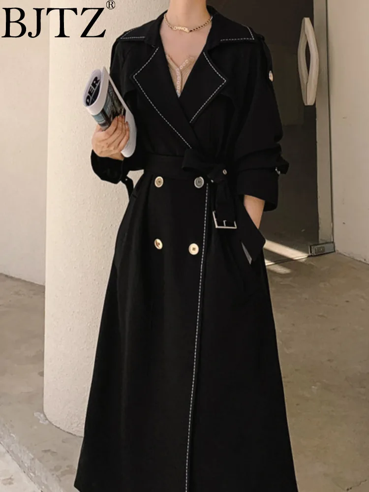 

BJTZ Solid Color Minimalist French 2024 Spring And Autumn New Women's Drape Mid Length White Edge Waistband Trench Coat