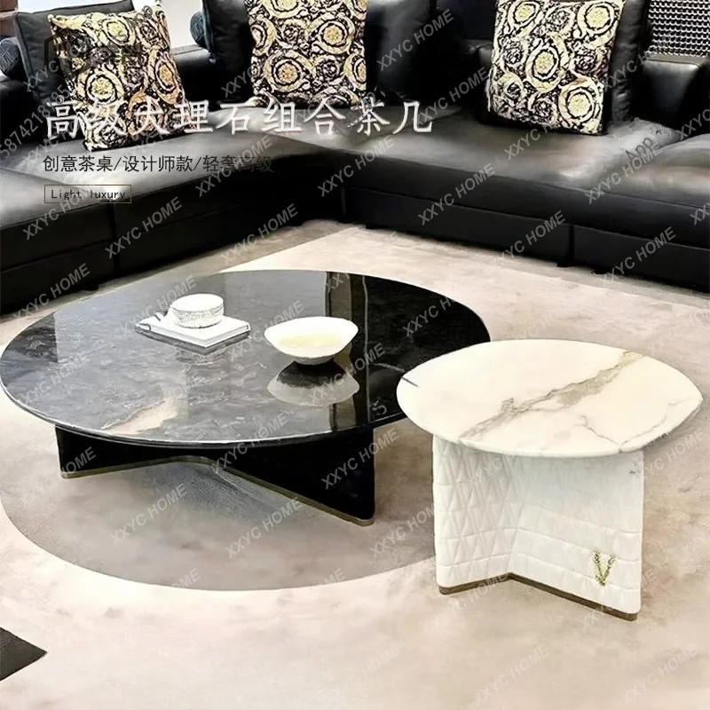 

H Natural Marble Coffee Table Round Table Simple Light Luxury Leather Embroidery Luxury Villa Living Room Tea Table