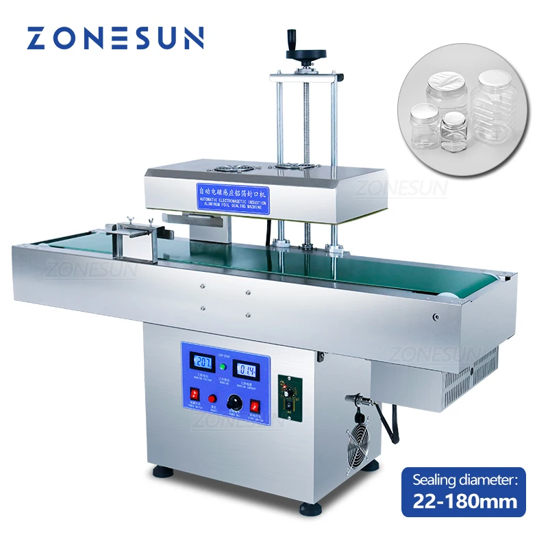 

Индукционный герметик ZONESUN для стеклянных, пластиковых бутылок, алюминиевой фольги, машина для непрерывного запечатывания медицинских крышек, аппарат для упаковки конфет