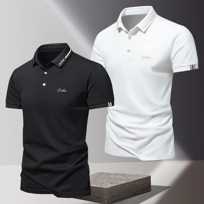 

Шелковая хлопковая рубашка-поло с короткими рукавами, мужская рубашка, топ, мужская футболка с приталенными рукавами и вышивкой, высококачественная футболка с воротником