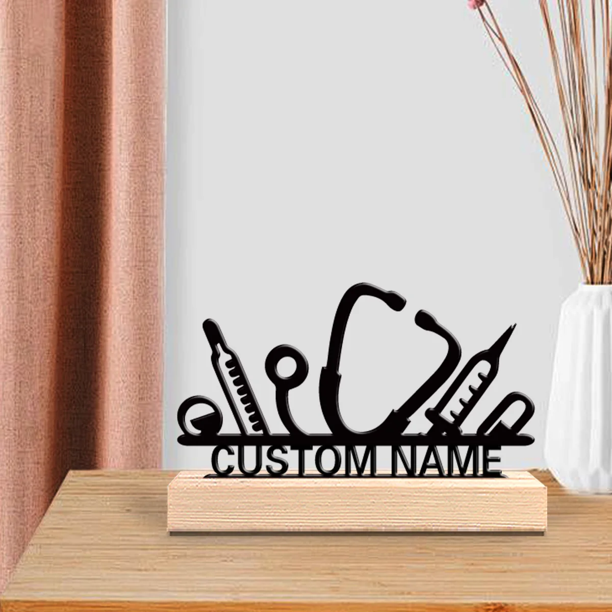 1pc Personalized Iron Desktop Ornament Customizable Name Equipped with A Wooden Base Decorative Gifts, Metal Statue Ornaments