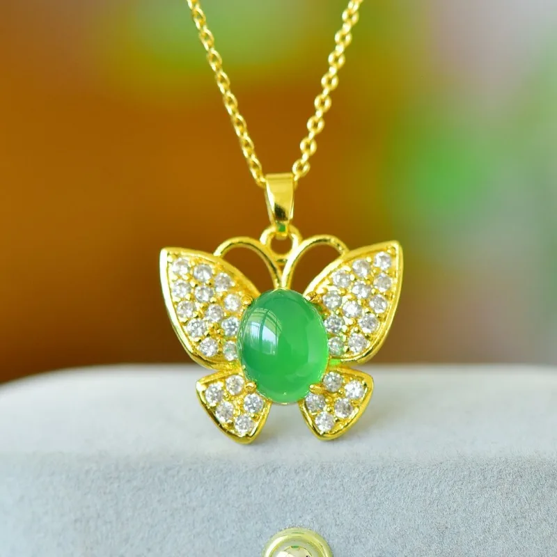 Copper Inlaid Chalcedony Egg Butterfly with White Zirconium Pendant