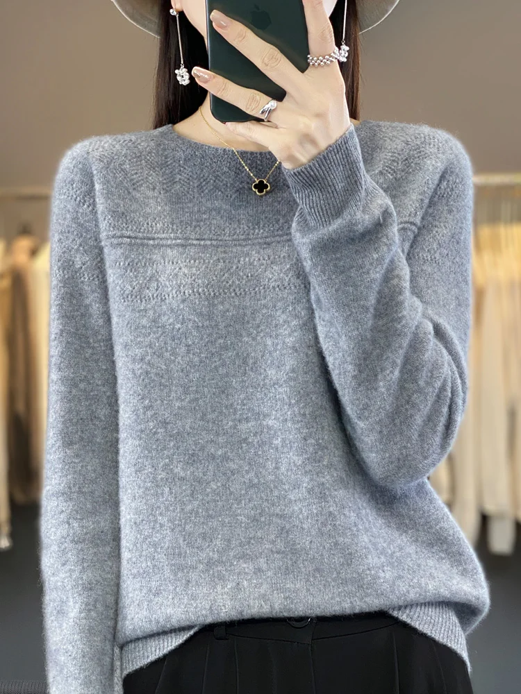 Autumn Winter Women Wool Sweater 100% Merino Wool Pullovers O-neck Hollow Long Sleeves Female Casual Cashmere Knitwear Korean