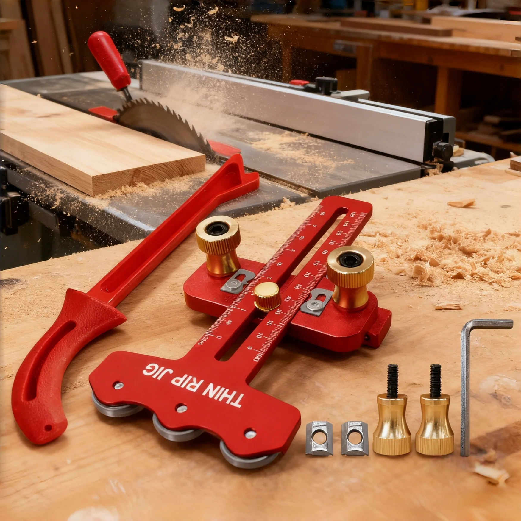 

Thin Rip Table Saw Jig W/ 3 Pulleys & Push Stick Kit, Making Repetitive Narrow Strip Cuts, Table Saw Accurate Guide for T Slot