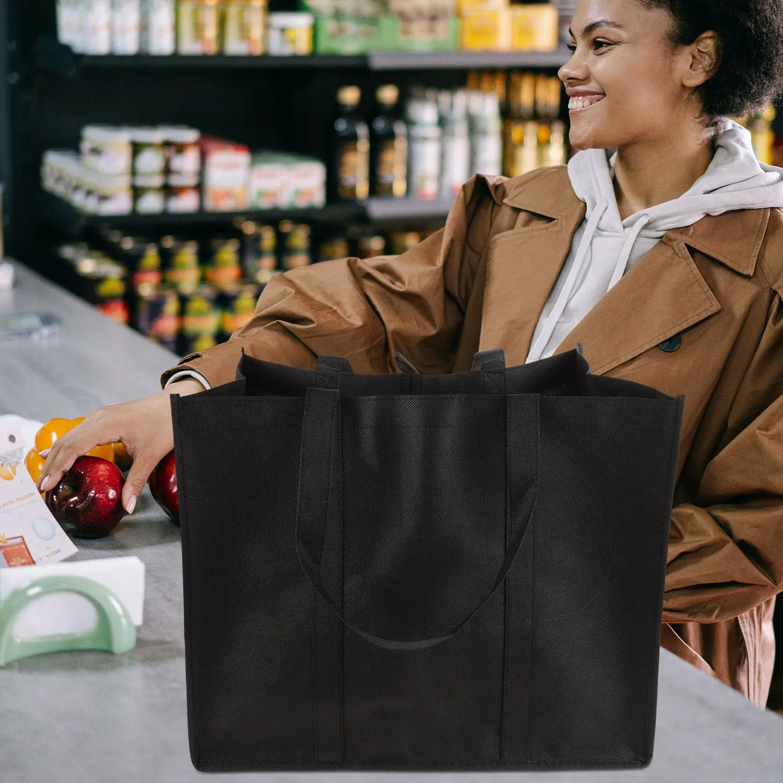 5pcs Black 41x26x33cm Non-woven Reusable Grocery Shopping Bags Foldable Large Capacity Picnic Tote Portable Camping Bag