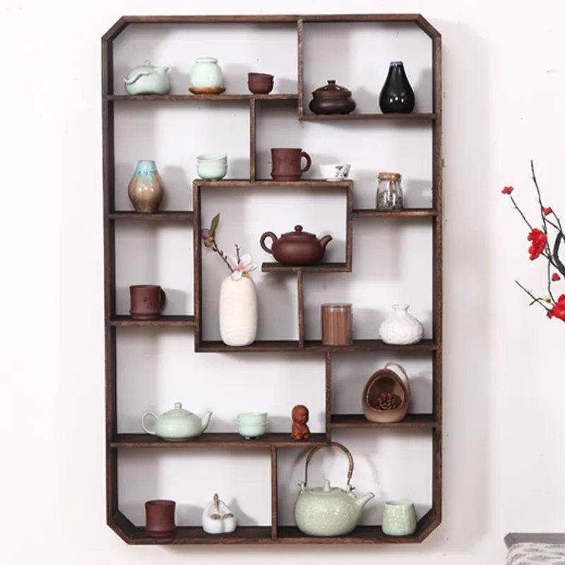 Wooden Bogu Rack Chinese Style Floating Shelves Wall Hanging Holder for Teapot Ancient Frame Multi Treasure Pavilion Decoration