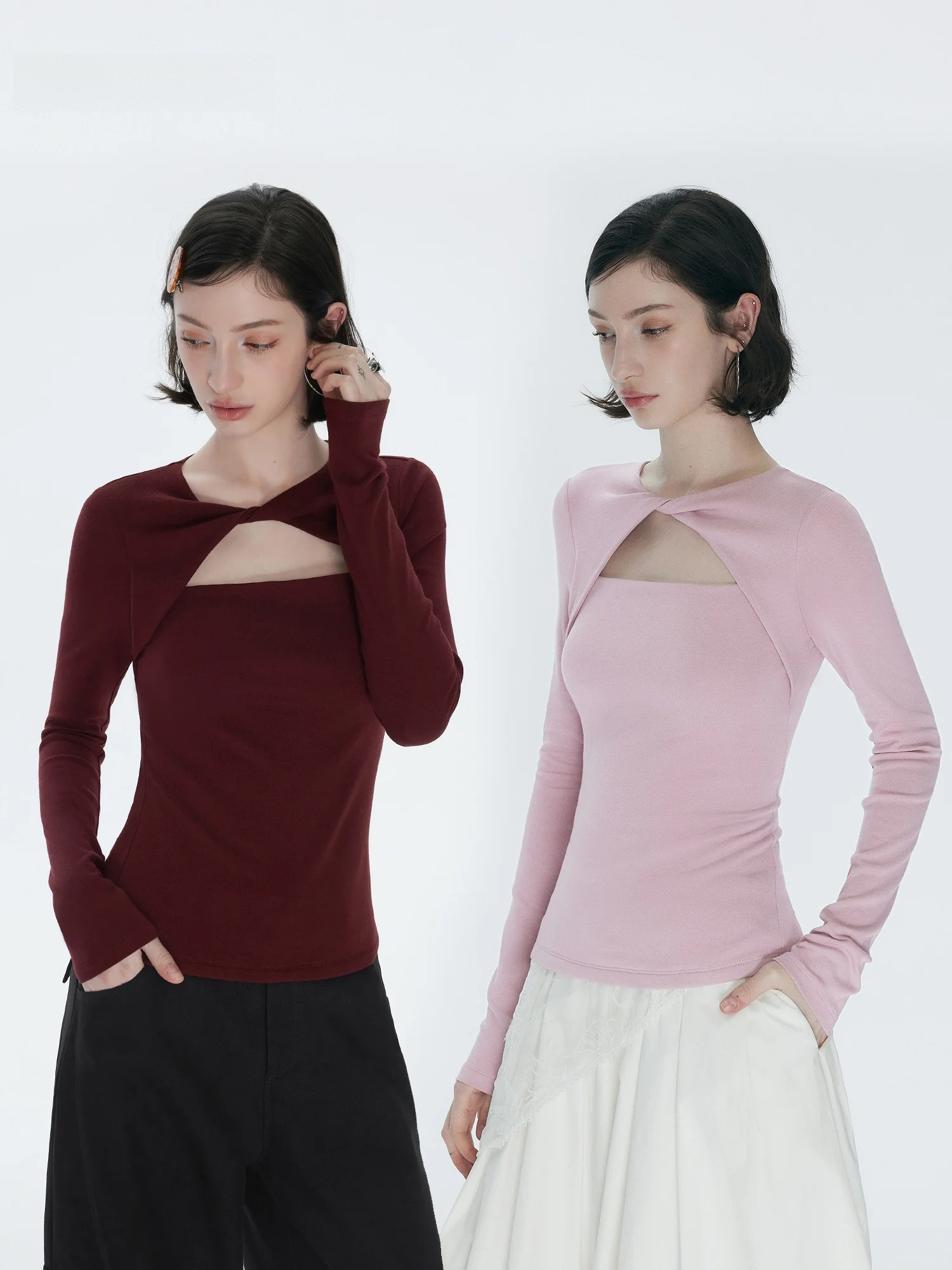 Annachic Elegant Line Hollow out Long Sleeve T-Shirt Women's Slimming Outerwear Top Simple Style Universal Fit Cotton Blend