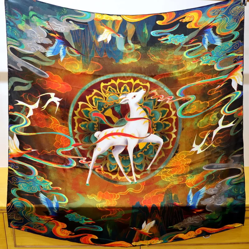 

High-end Elegant Women's Exquisite Dunhuang Flying Deer Print Quality Satin Silk Delicate Hand-rolled Edge Large Scarf Shawls