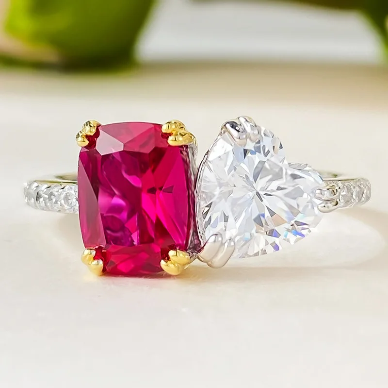 Xiaoyan's new 100% S925 silver simulation diamond 6 * 8 pigeon blood red ring ring anniversary commemorative gift